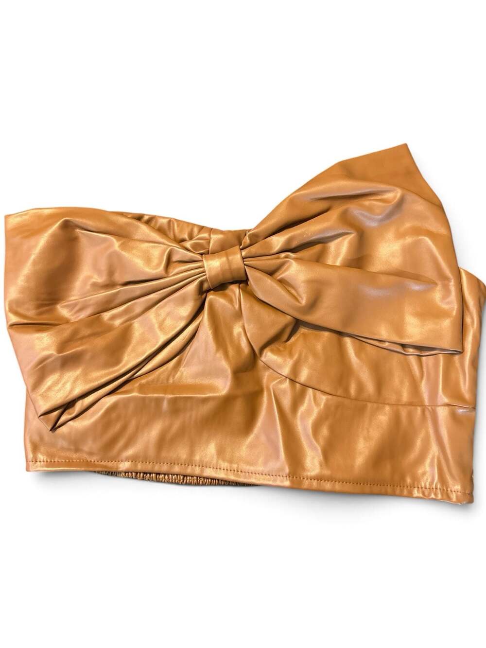 day + moon Faux Leather Smocked Bow Tube Top in Camel